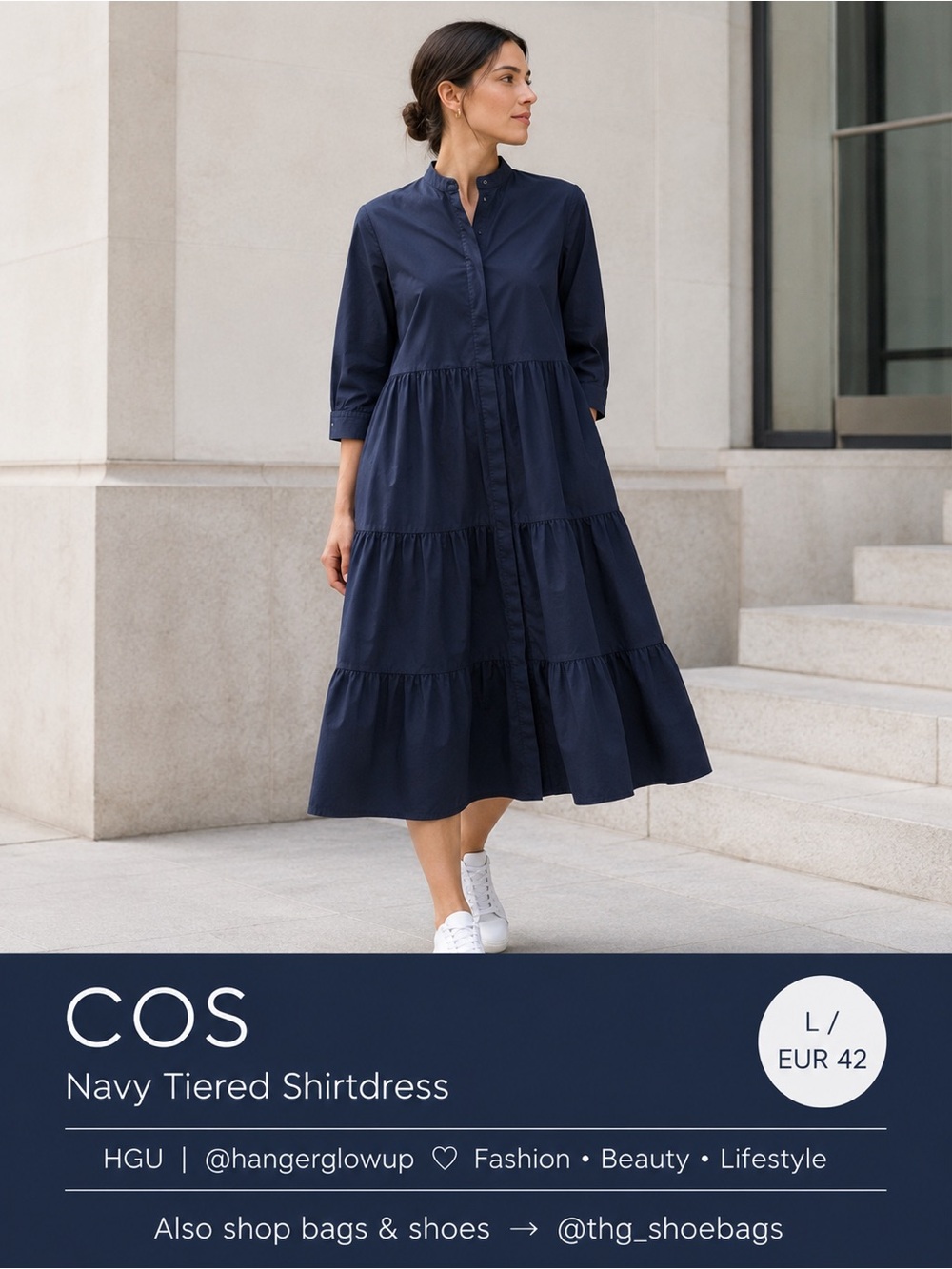 COS Navy Tiered Cotton Shirtdress Midi Dress EUR 42 US L Minimalist